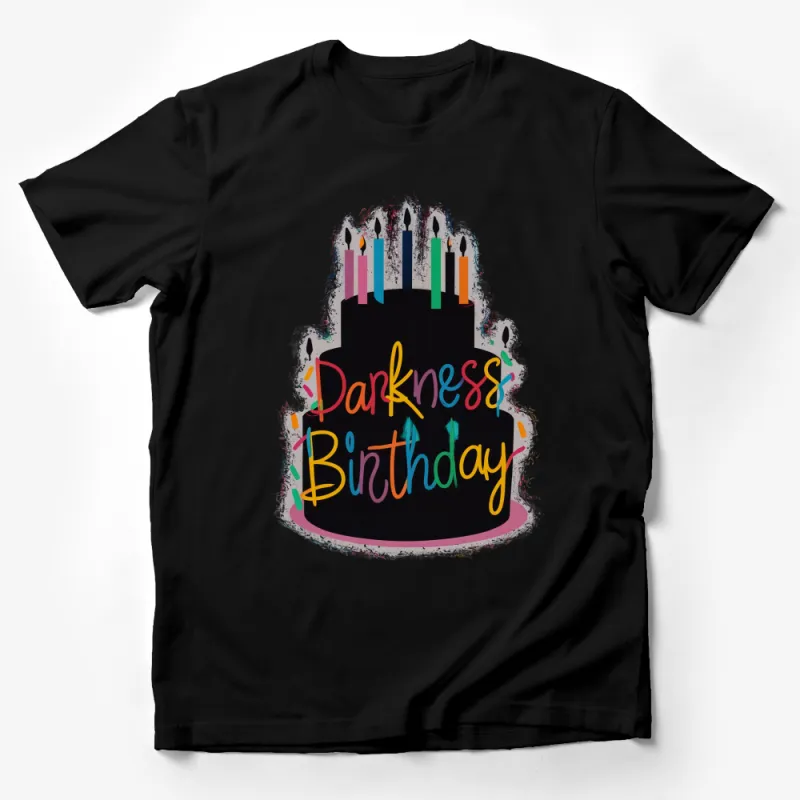 Colorful Darkness Birthday Cake Graphic T-Shirt, Unique Party Celebration Tee, Unisex Fashion Male T-Shirt