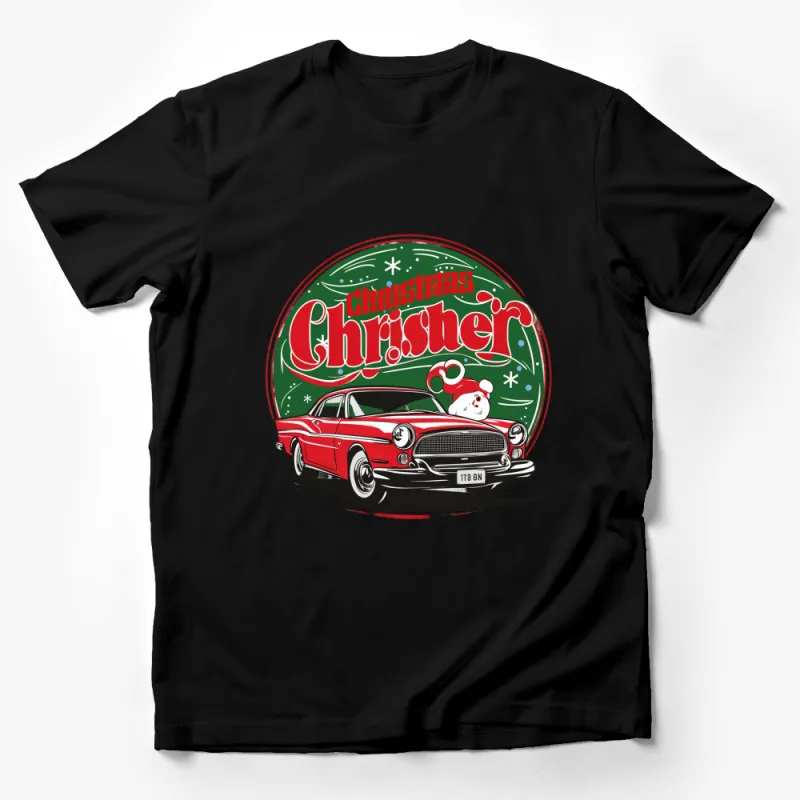 Vintage Car Christmas T-Shirt, Classic Red Car with Santa, Festive Holiday Graphic Tee, Unique Xmas Gift Idea Male T-Shirt