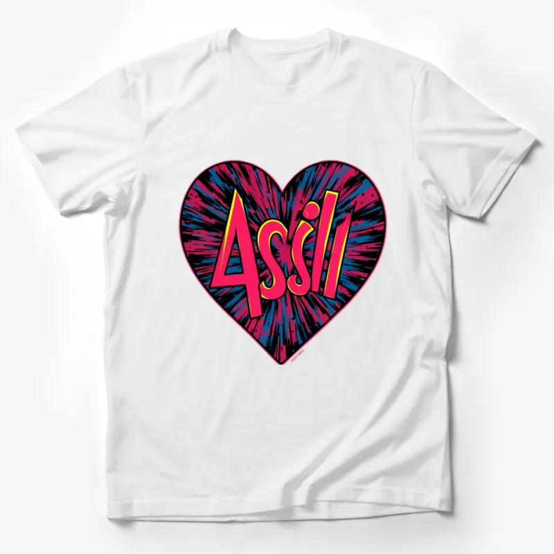 Vibrant Heart Shaped Assil Graphic Tee, Colorful Pop Art Style T-Shirt, Unisex Fashion Male T-Shirt