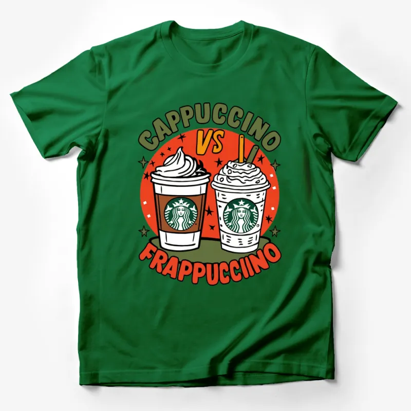 Cappuccino vs Frappuccino Starbucks Inspired Graphic Tee, Coffee Lovers T-Shirt, Fun Beverage Battle Shirt Male T-Shirt