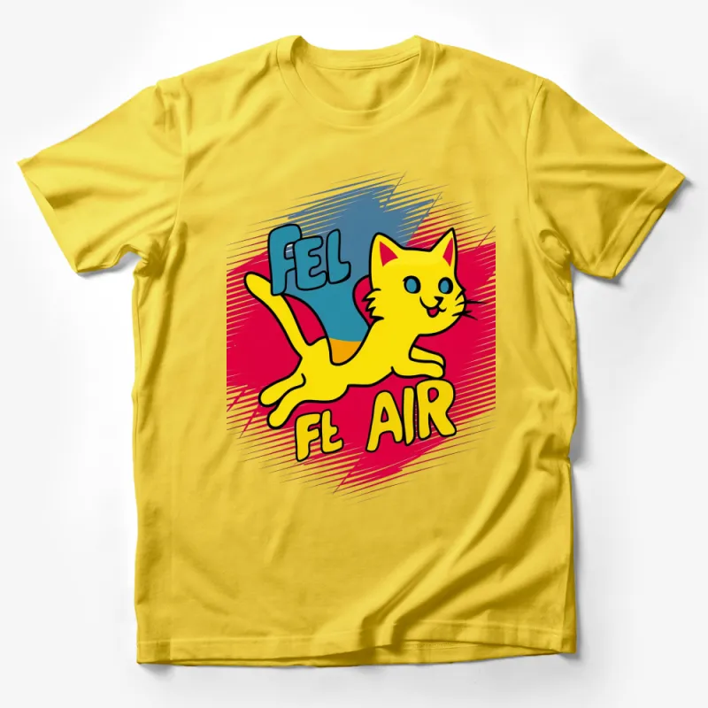 Retro Fel Flair Cat T-Shirt, Bright Yellow Cartoony Cat, Fun Graphic Tee for All Ages Male T-Shirt