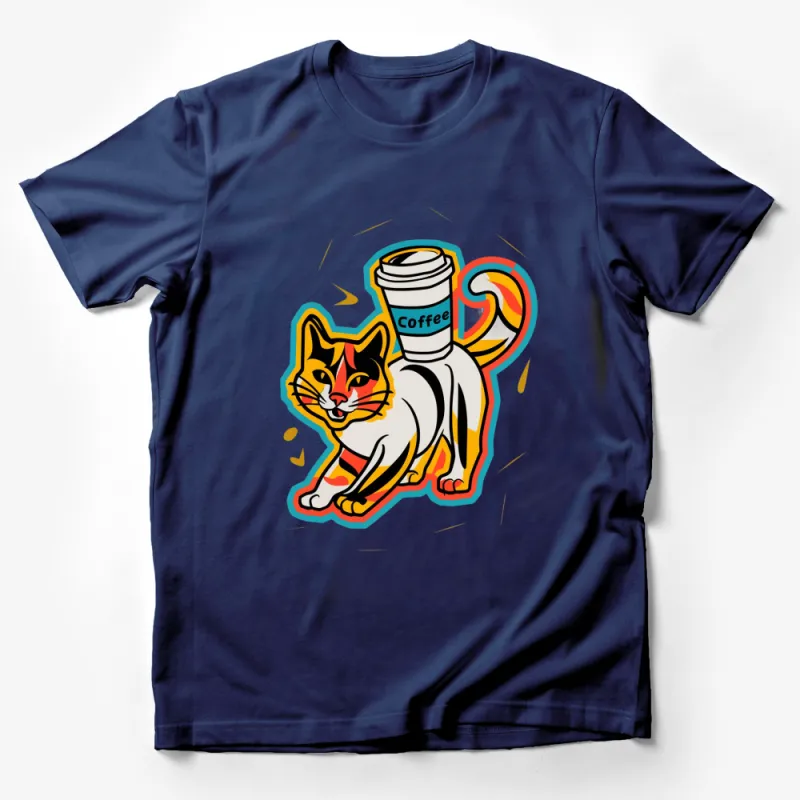 Colorful Cat and Coffee Cup Graphic T-Shirt, Vibrant Cartoon Cat Tee, Casual Wear Male T-Shirt