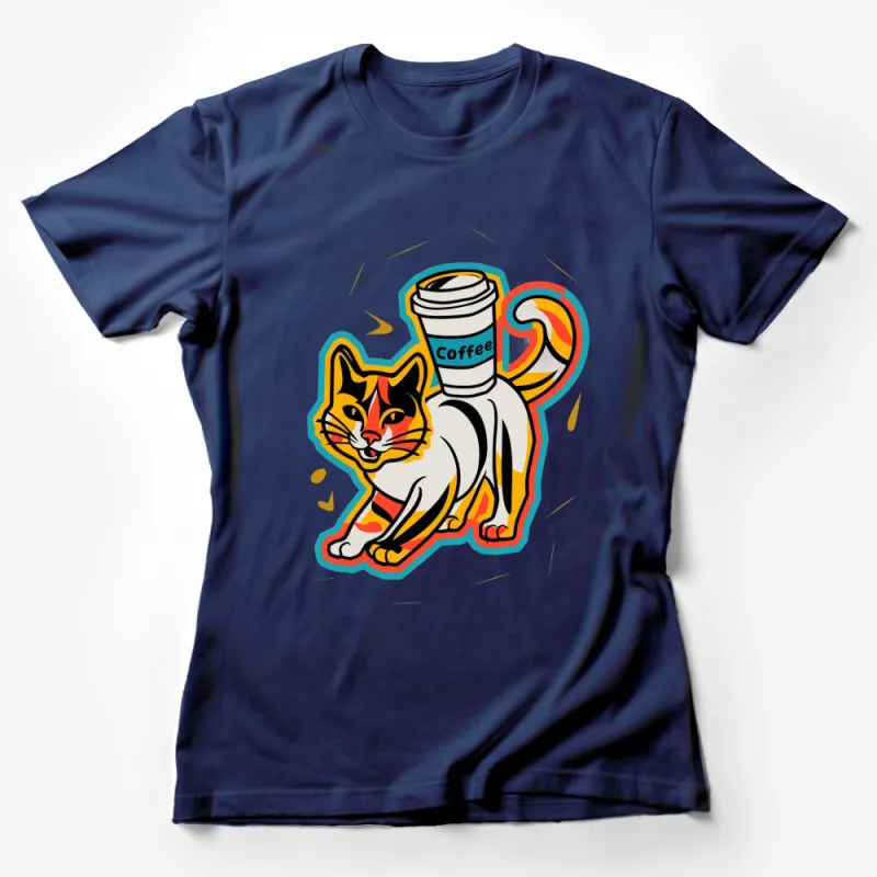 Colorful Cat and Coffee Cup Graphic T-Shirt, Vibrant Cartoon Cat Tee, Casual Wear Female T-Shirt