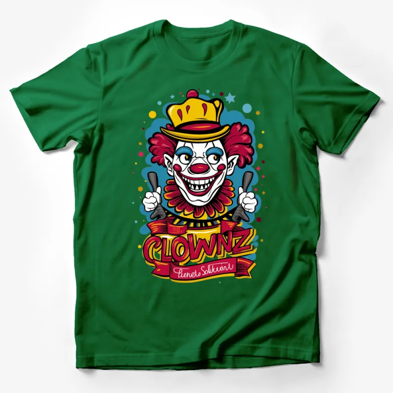 Colorful Clown Graphic T-Shirt, Fun Circus Theme Top, Bright Cartoon Clown with Knives Tee Male T-Shirt