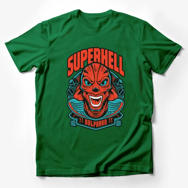 Superhell Bold Graphic T-Shirt, Devilish Red Face Design, Vibrant Streetwear Tee, Unisex Fashion Male T-Shirt