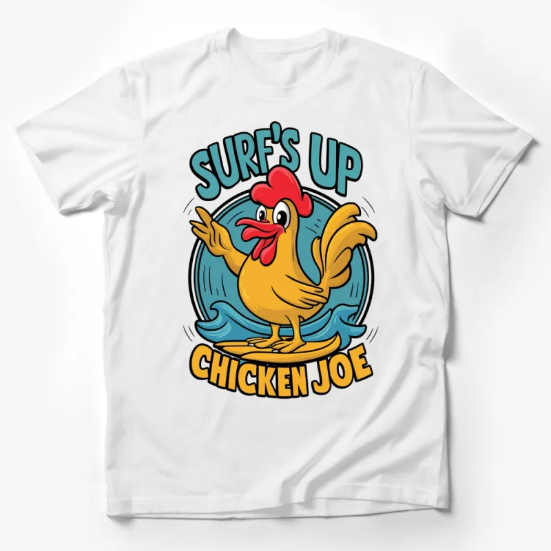 Surf's Up Chicken Joe Fun Graphic T-Shirt, Colorful Rooster Surf Design, Beachwear Casual Summer Apparel Male T-Shirt