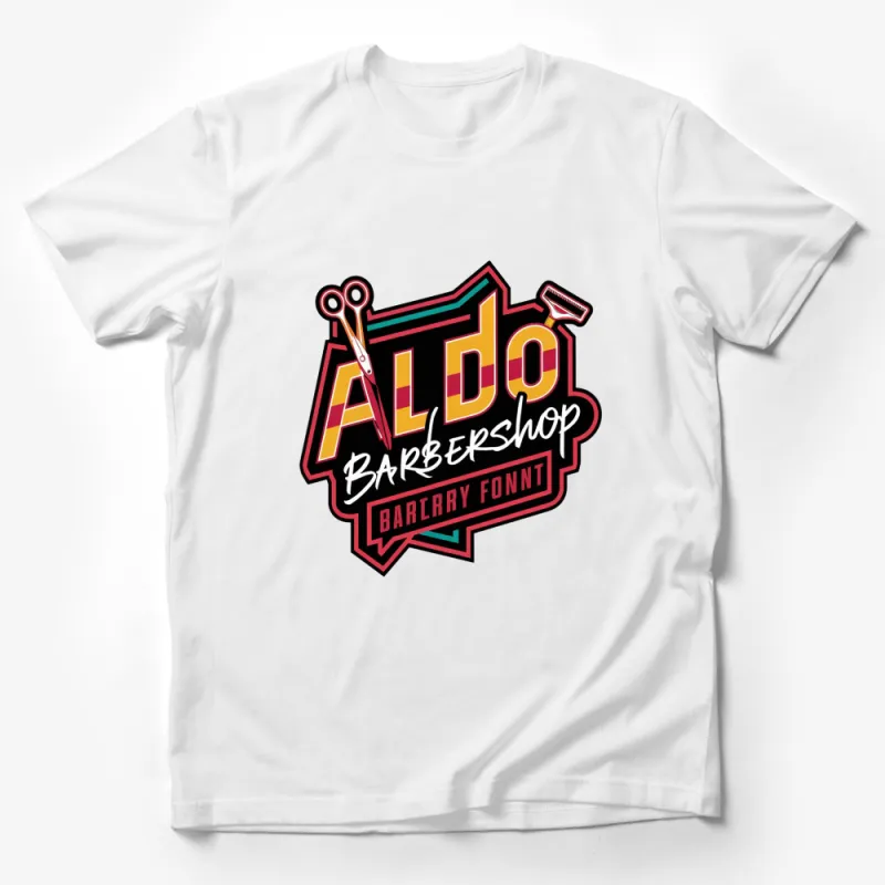 Vintage Aldo Barbershop Logo T-Shirt, Retro Barber Shop Design Tee, Stylish Haircut and Shave Apparel Male T-Shirt