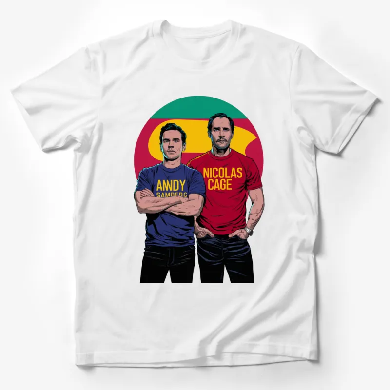 Andy Samberg Nicolas Cage Parody T-Shirt, Colorful Pop Art Style, Funny Actor Graphic Tee Male T-Shirt