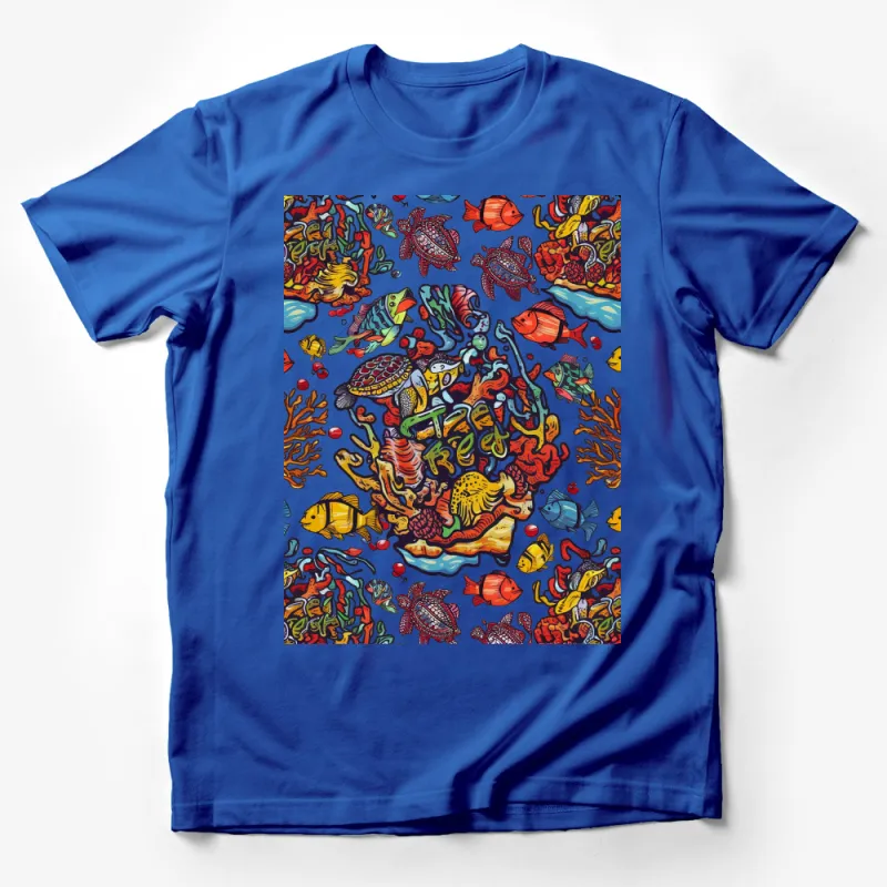 Colorful Ocean Life T-Shirt, Tropical Fish and Coral Reef Print, Vibrant Underwater World Tee, Unisex Graphic Shirt for All Ages Male T-Shirt