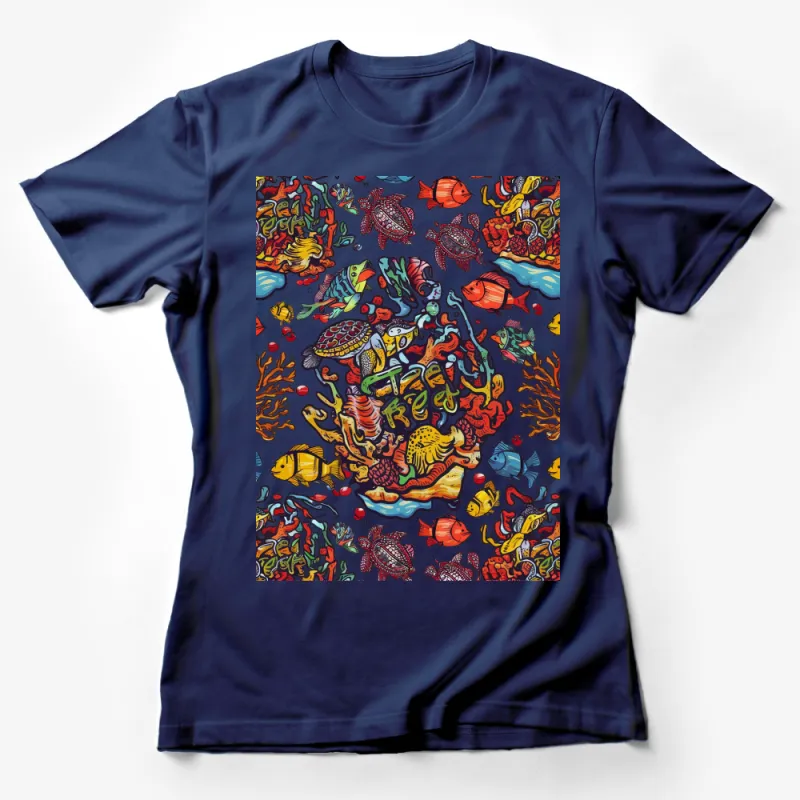 Colorful Ocean Life T-Shirt, Tropical Fish and Coral Reef Print, Vibrant Underwater World Tee, Unisex Graphic Shirt for All Ages Female T-Shirt