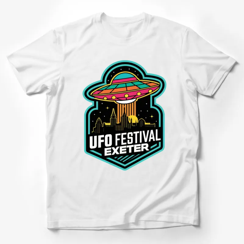 UFO Festival Exeter Bright Colors T-Shirt, Alien Spaceship Graphic Tee, Unisex Male T-Shirt