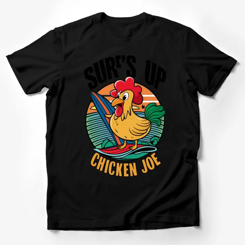 Surf's Up Chicken Joe Graphic T-Shirt, Fun Cartoon Chicken with Surfboard Tee, Unisex Beach Style Shirt Male T-Shirt