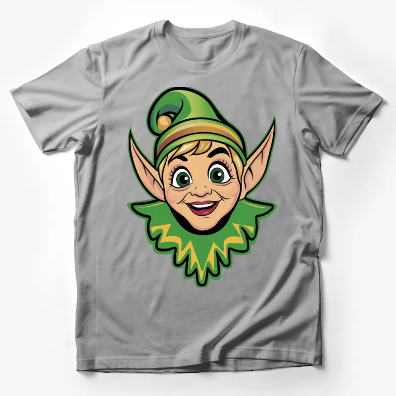 Festive Elf Cartoon Face T-Shirt, Cute Christmas Elf Graphic Tee, Holiday Apparel for All Ages Male T-Shirt