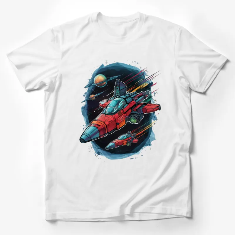 Colorful Space Fighter Jet T-Shirt, Galactic Battle Graphic Tee, Unisex Adult Sizes, Trendy Sci-Fi Fashion Male T-Shirt