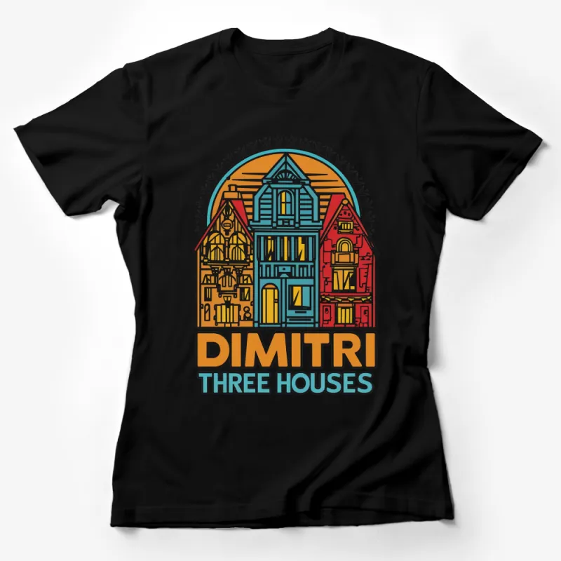 Colorful Graphic T-Shirt with Three Houses Design, Trendy Urban Streetwear, Unisex Fashion Tee Female T-Shirt