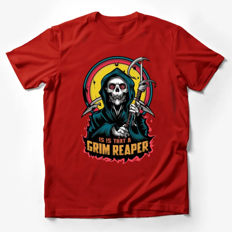 Grim Reaper Graphic T-Shirt, Skull and Scythe, Colorful Retro Design, Bold Statement Tee, Unisex Male T-Shirt