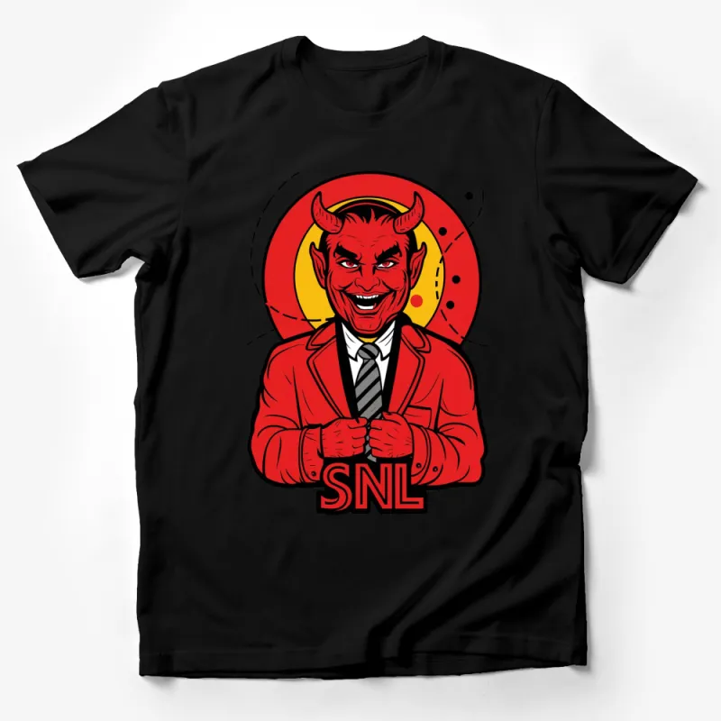 Red Devil Suit Graphic T-Shirt, Satanic Character Vintage Style Tee, Unique SNL Inspired Illustration Male T-Shirt