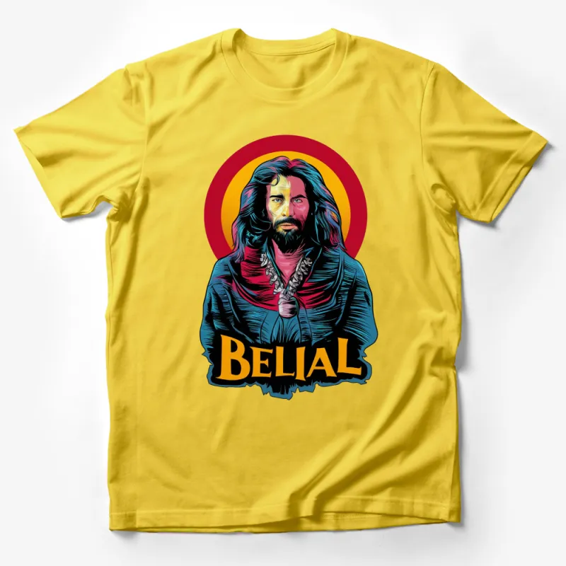 Colorful Belial Graphic T-Shirt, Unique Religious Art Tee, Spiritual Pop Culture Shirt, Bold Statement Top Male T-Shirt