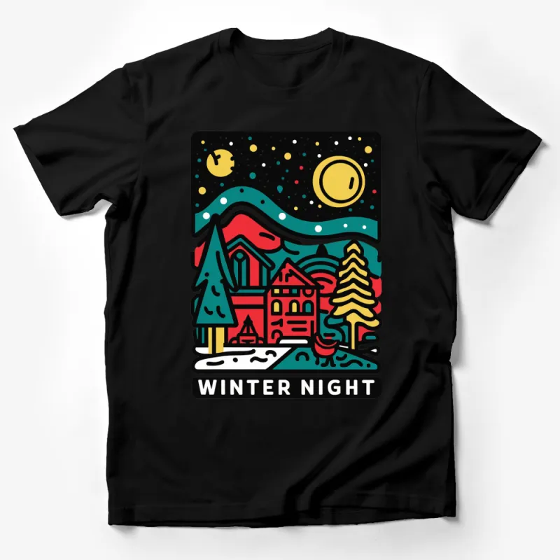 Colorful Winter Night Scene Graphic T-Shirt, Unique Holiday Gift, Cozy Festive Apparel Male T-Shirt