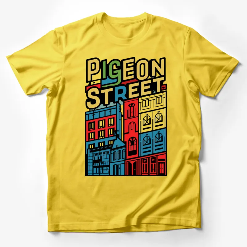 Colorful Pigeon Street Cityscape Graphic Tee, Vibrant Urban Art T-Shirt, Unique City Design Top Male T-Shirt