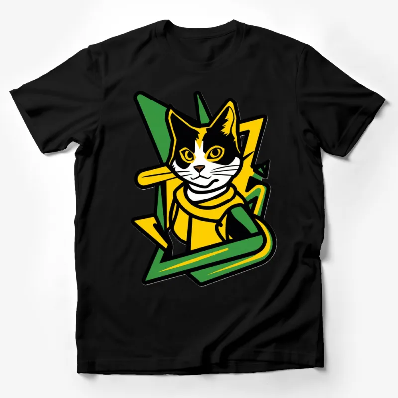 Graphic Cat T-Shirt, Colorful Cute Cat in Yellow and Green, Trendy Animal Tee for All Ages Male T-Shirt