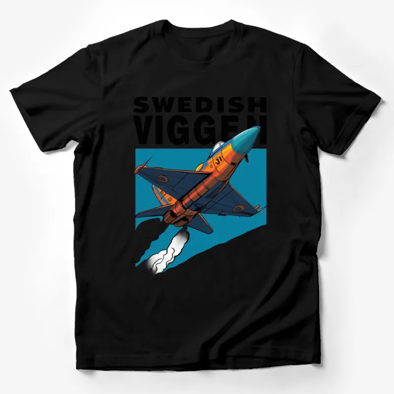 Swedish Viggen Jet Fighter Graphic T-Shirt, Bold Orange Blue Design, Aviation Enthusiast Apparel Male T-Shirt