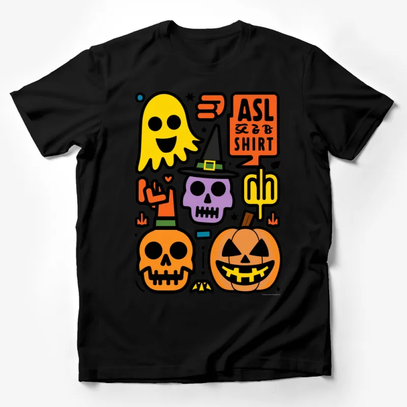 ASL Halloween T-Shirt - Colorful Ghost, Pumpkin, Skull Design for Sign Language Lovers Male T-Shirt