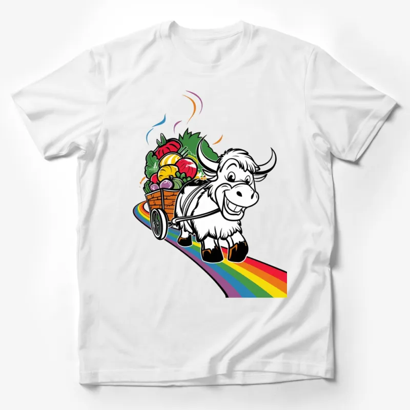 Colorful Bull T-Shirt, Rainbow Cart with Fruits and Vegetables Design, Fun Animal Graphic Tee, Unique Gift Idea Male T-Shirt