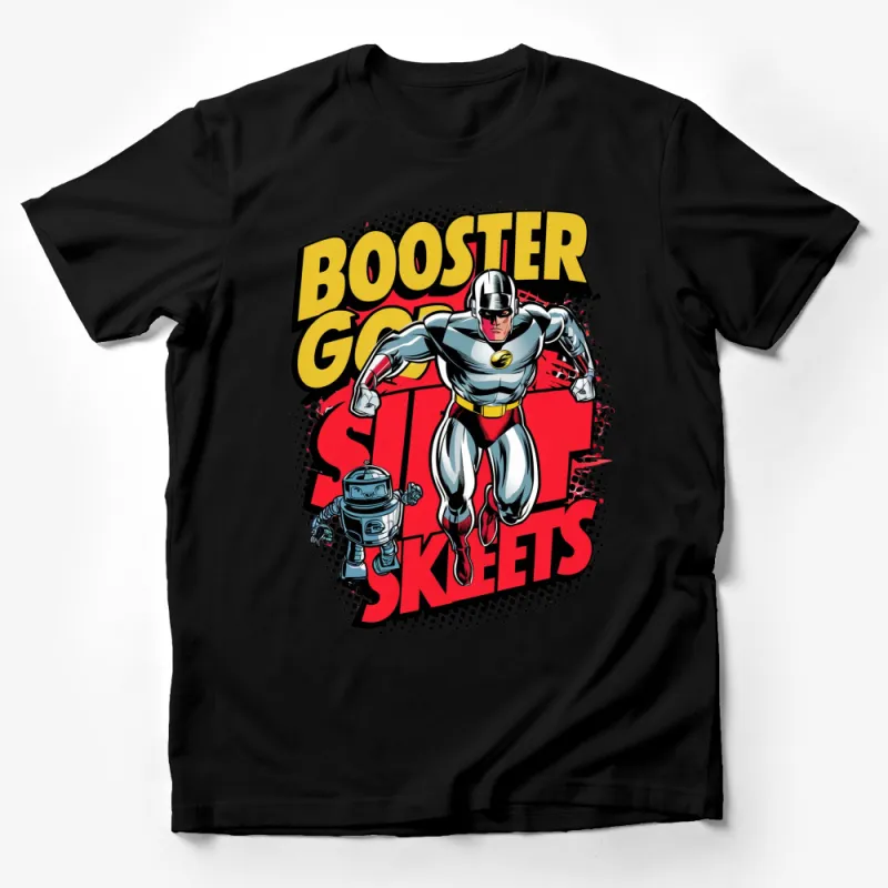 Booster Gold and Skeets Comic Style T-Shirt, Vintage Superhero Graphic Tee, Bold Colors, Collectible Wear Male T-Shirt