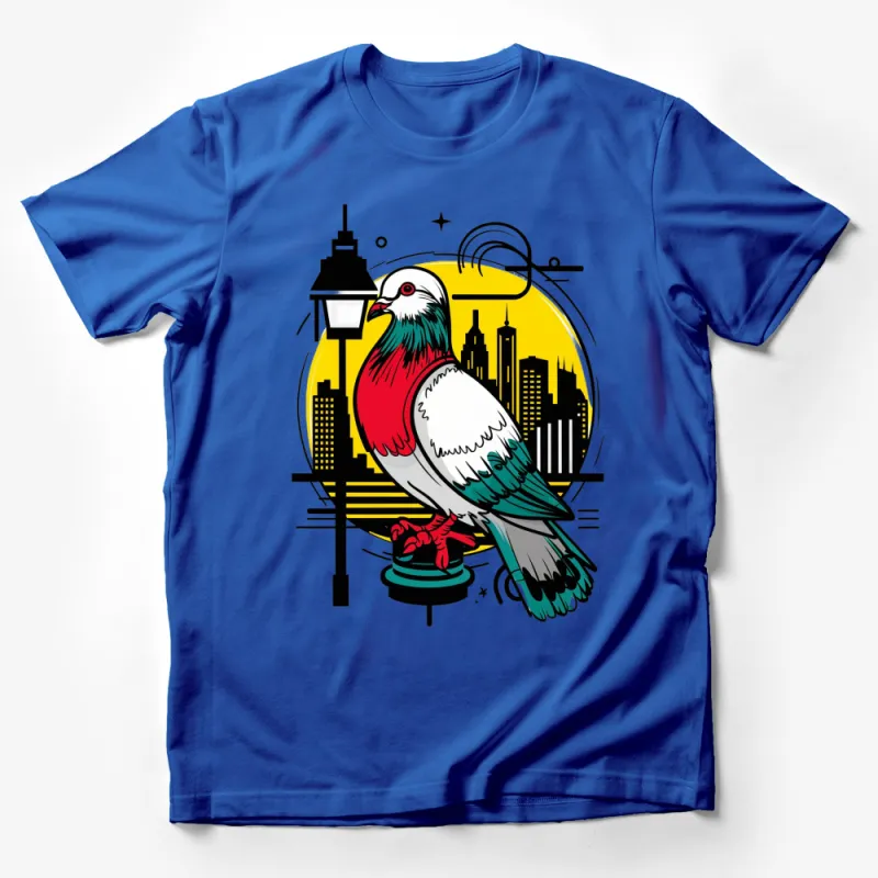 Urban Pigeon T-Shirt, Colorful Bird and Cityscape Graphic Tee, Unisex Fashion Streetwear Male T-Shirt