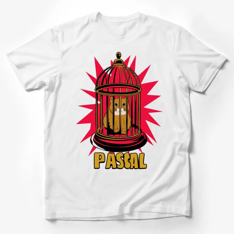 Cat in a Cage T-Shirt, Pascal Name, Red Cage Graphic Tee, Cute Cartoon Cat Shirt, Vibrant Animal Tee Design Male T-Shirt