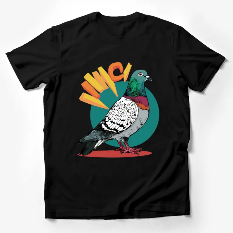 Colorful Pigeon Graphic T-Shirt, Unisex Vintage Bird Print, Large Font WC Design, Unique Casual Wear Male T-Shirt