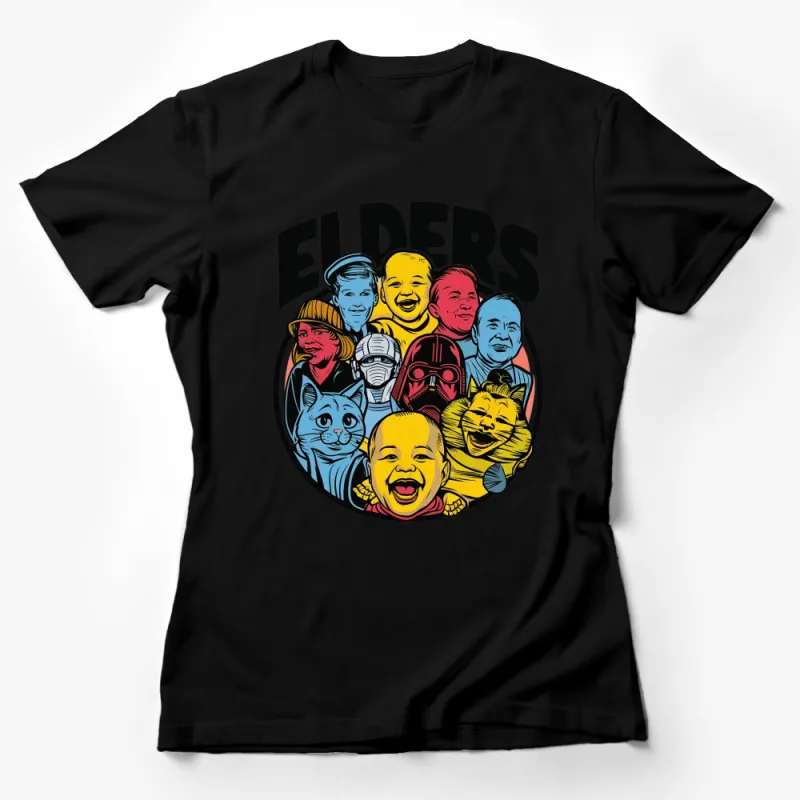 Vintage Pop Culture Elders T-Shirt, Colorful Nostalgic Character Faces Tee, Unique Graphic Design Shirt Female T-Shirt