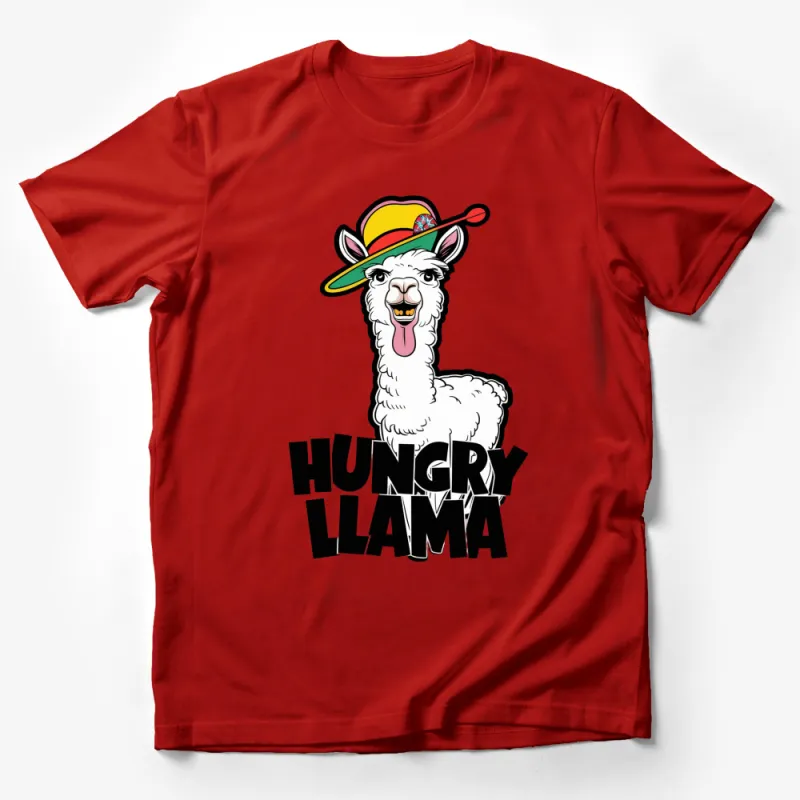 Hungry Llama Cartoon T-Shirt, Funny Alpaca with Hat Graphic Tee, Unisex Adult Clothing Gift Idea Male T-Shirt