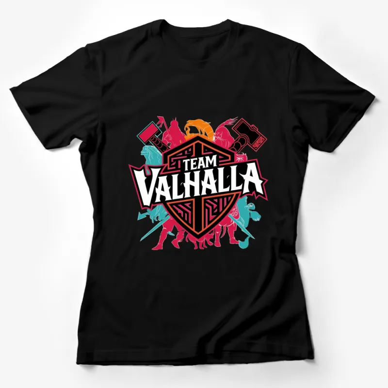 Team Valhalla Viking Themed T-Shirt, Colorful Norse Mythology Graphic Tee, Unisex Female T-Shirt