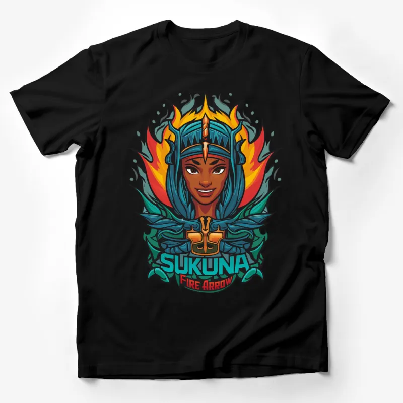 Colorful Tribal Warrior Princess Graphic T-Shirt, Unique Illustrated Female Warrior with Fire Arrow Design Male T-Shirt