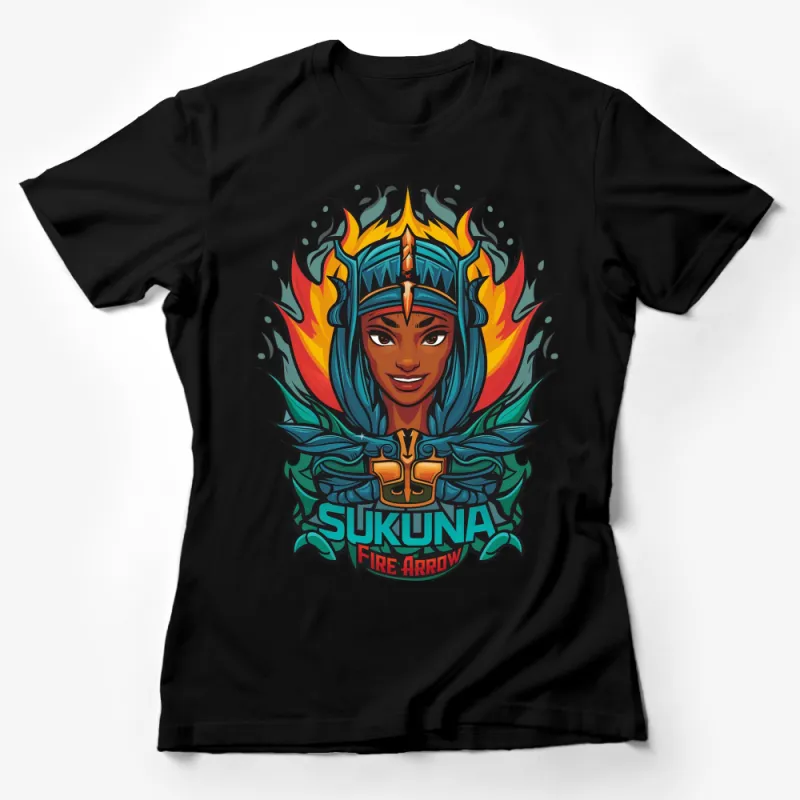 Colorful Tribal Warrior Princess Graphic T-Shirt, Unique Illustrated Female Warrior with Fire Arrow Design Female T-Shirt