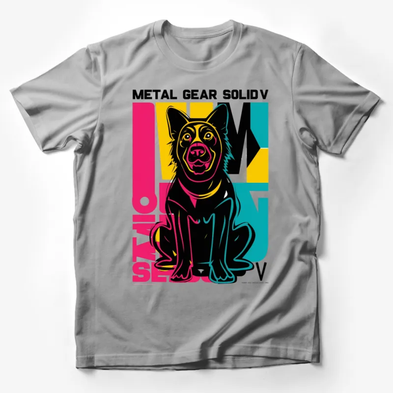 Metal Gear Solid V Inspired Dog T-Shirt, Colorful Retro Pop Art Style, Graphic Tee Design Male T-Shirt