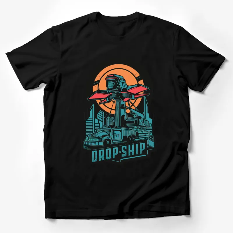 Retro Sci-Fi Spaceship T-Shirt, Vintage Drop-Ship Graphic Tee, Urban Skyline, Sunset Design, Unisex Fashion Male T-Shirt