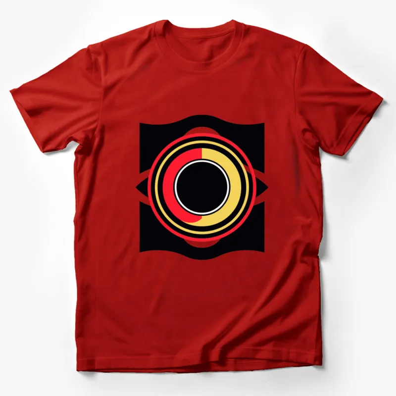 Abstract Geometric Circle Design T-Shirt, Bold Red and Black Art Tee, Unique Fashion Top Male T-Shirt