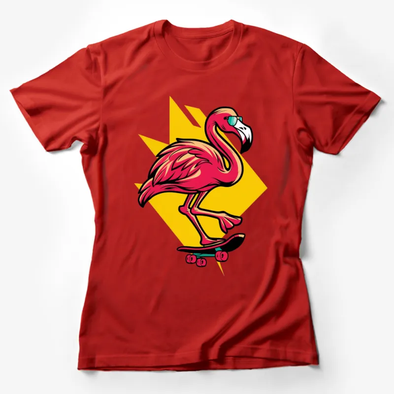 Cool Skateboarding Flamingo T-Shirt, Trendy Graphic Tee, Hipster Skate Style, Vibrant Colors Female T-Shirt