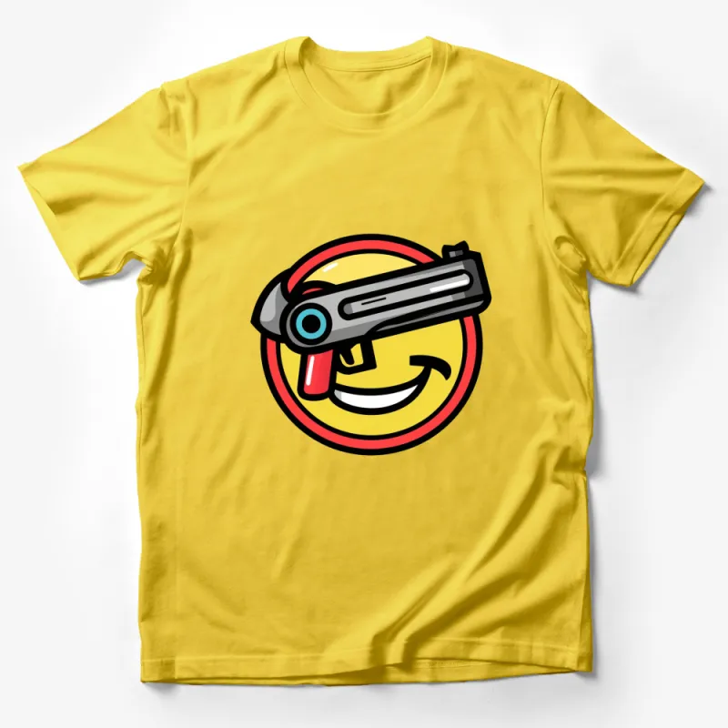 Retro Smiley Face with Gun Emblem, Bold Graphic Tee, Unisex T-Shirt Design, Cool Vintage Style Male T-Shirt