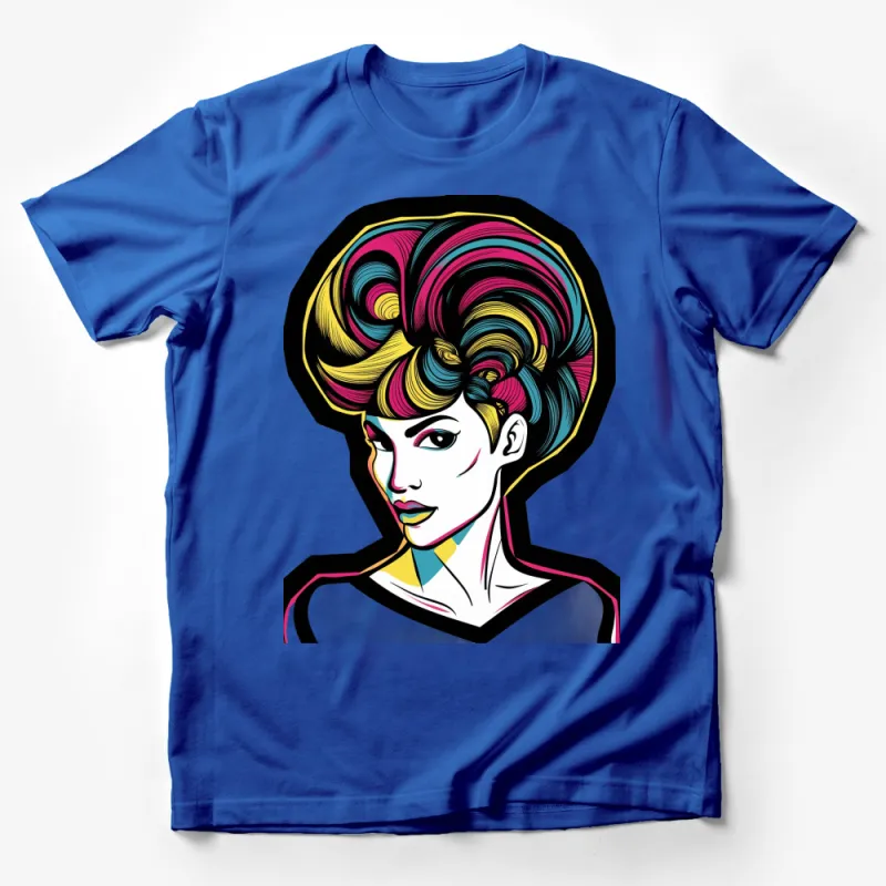 Colorful Pop Art Woman T-Shirt, Bold Graphic Tee, Statement Fashion Top, Unique Swirl Hair Design Shirt Male T-Shirt