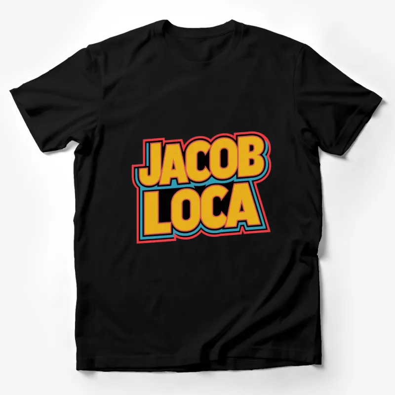 Jacob Loca Bold Text Graphic T-Shirt, Colorful Retro Style Design, Unisex Casual Wear Male T-Shirt