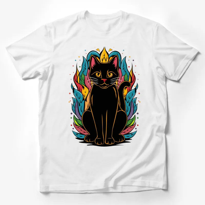 Colorful Cat T-Shirt, Mystical Black Cat with Crown and Flames, Unisex Graphic Tee, Gift for Cat Lovers Male T-Shirt