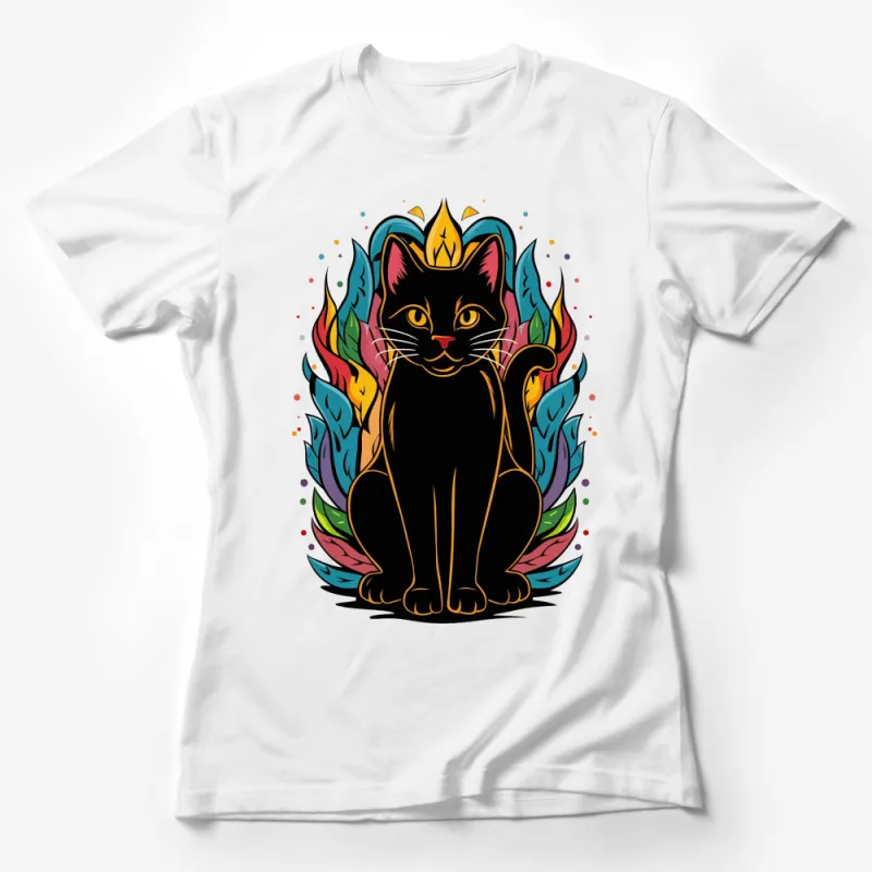 Colorful Cat T-Shirt, Mystical Black Cat with Crown and Flames, Unisex Graphic Tee, Gift for Cat Lovers Female T-Shirt