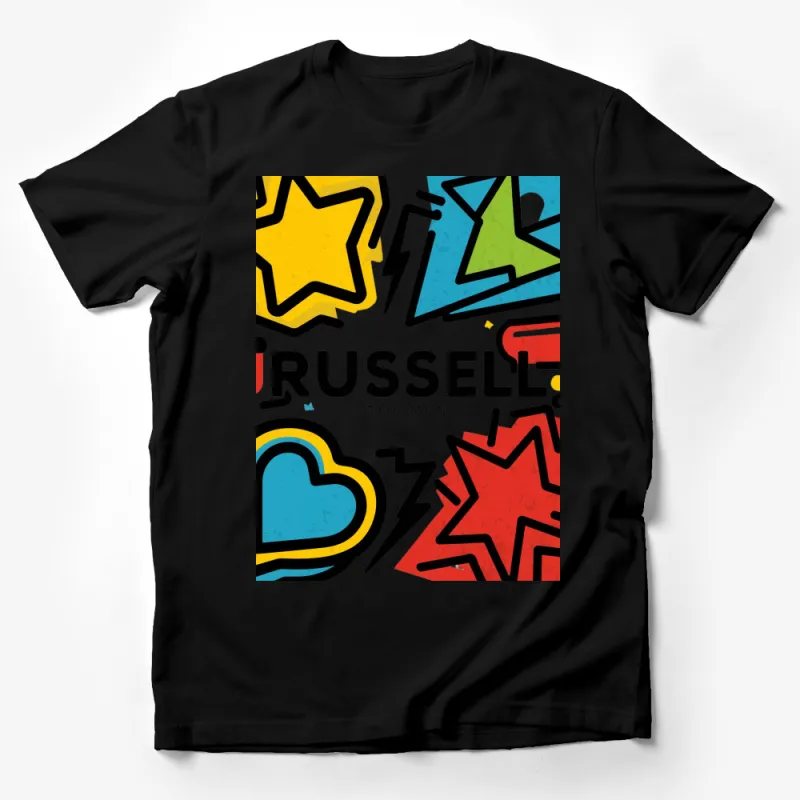 Men's Russell Graphic T-Shirt, Colorful Star and Heart Design, Bold Streetwear, Urban Casual Tee Male T-Shirt