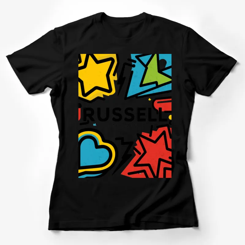 Men's Russell Graphic T-Shirt, Colorful Star and Heart Design, Bold Streetwear, Urban Casual Tee Female T-Shirt