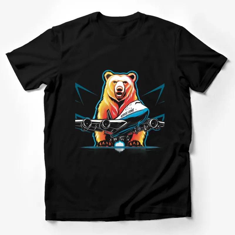 Colorful Bear and Airplane Graphic T-Shirt, Cool Wildlife and Aviation Design, Unisex Tee Male T-Shirt