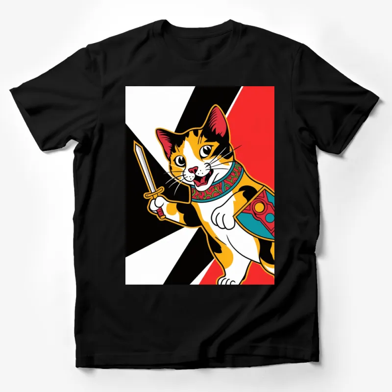 Colorful Samurai Cat T-Shirt, Bold Graphic Tee, Unique Cat Art Clothing, Stylish Pet Warrior Design Shirt Male T-Shirt